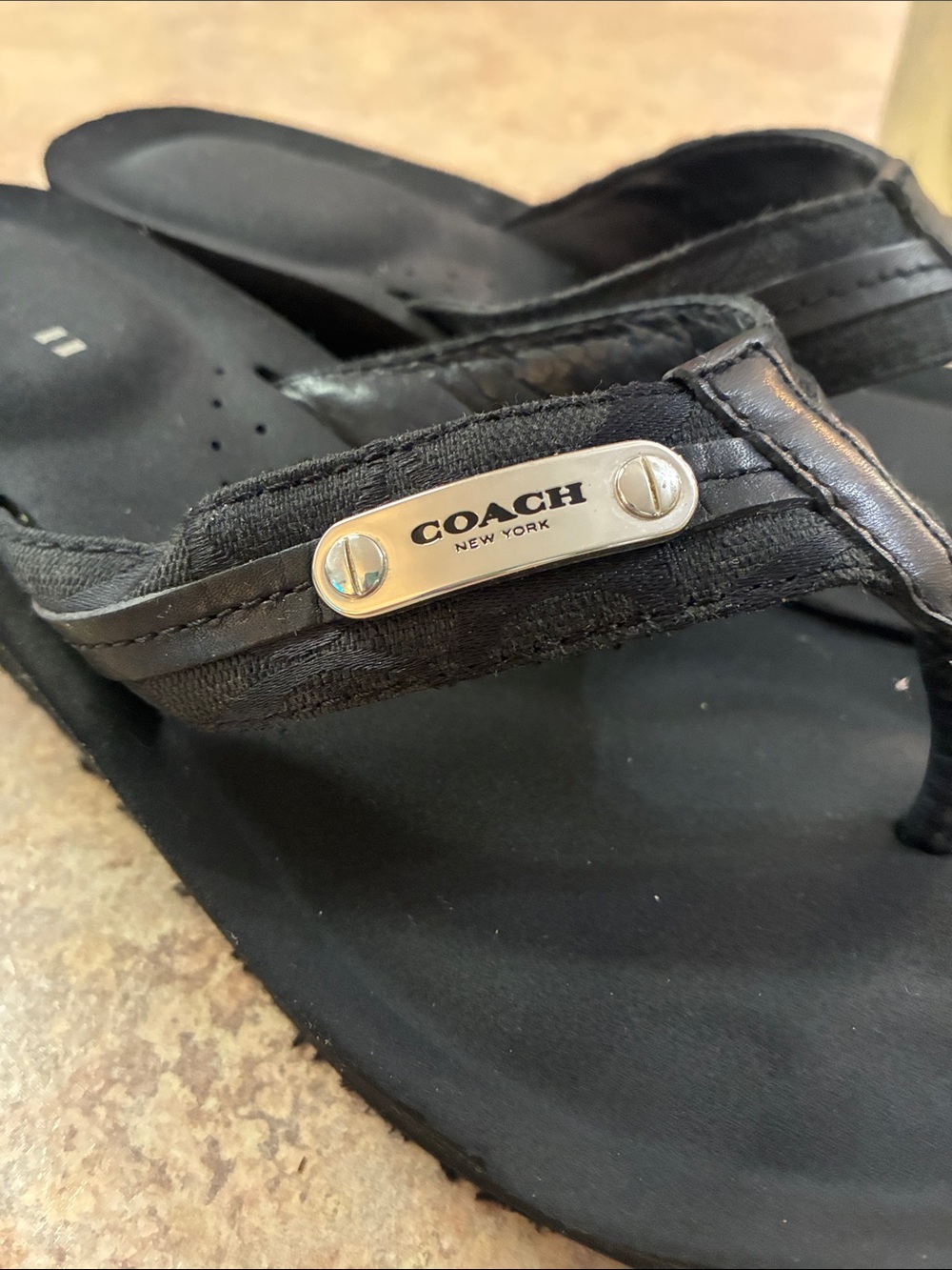 Coach Black Wedge Thong Sandals with Logo Plaque - Picture 4 of 4